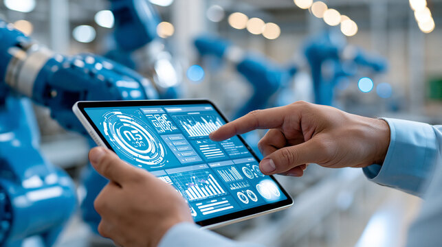 Smart factory automation dashboard on digital tablet showing industrial analytics and robotic production line management, defocused technological oversight visualization, with