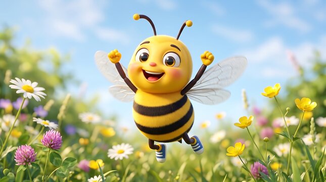 Cheerful cartoon honey bee character flying in sunny flower meadow. Happy bumblebee mascot with wings in spring garden. Cute insect illustration.