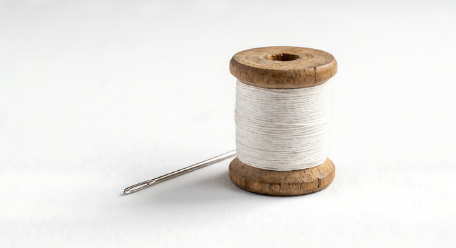 Spool of Thread and Needle: A vintage wooden spool of white thread rests beside a sewing needle, evoking a sense of craftsmanship and traditional artistry.