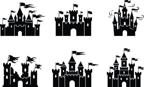 Set of six detailed castle silhouettes featuring various architectural styles and with flags and turrets on a white background, for fantasy and, medieval themed projects and