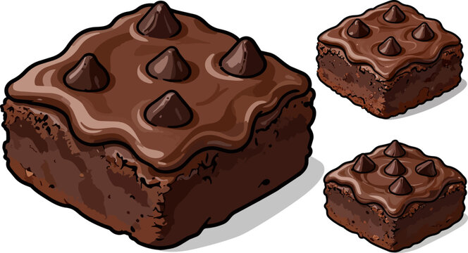 Chocolate brownie vector illustration, fudgy cocoa cake with chocolate chips, 3 dessert icons for bakery menu and food branding