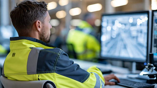 Faceless factory supervisor monitoring production process on multiple computer screens in control room, control room supervision, production monitoring, factory management, with