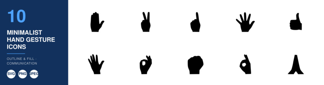 Minimalist Hand Gesture Icons Set, Communication & Fill Outline, Svg Icons, Nameplate Design, Modern Graphic Element.