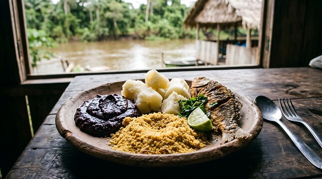 Traditional meal with cassava root and stew served on a rustic plate overlooking a jungle river traditional food brazilian food authentic
