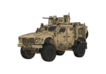 Fototapeta premium A detailed illustration of a tan military armored tactical vehicle isolated on white background.