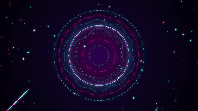 Abstract circular hud waveform interface looping against deep space starry background.