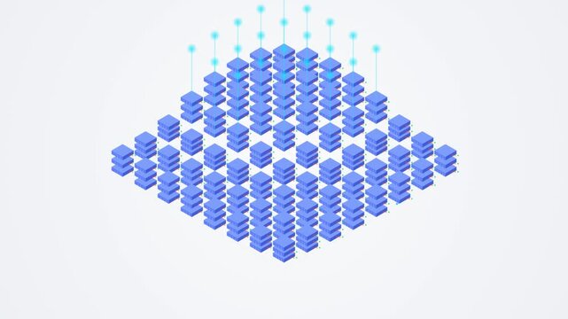 Isometric data server racks animation showing cloud computing infrastructure with glowing blue light beams streaming upward in a modern clean digital environment for high tech projects