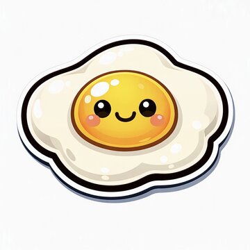 Cute fried egg sticker illustration, kawaii cartoon character with smiling face isolated on white background