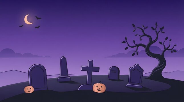 Halloween graveyard vector graphic featuring spooky tombstones jack-o-lanterns dead tree crescent