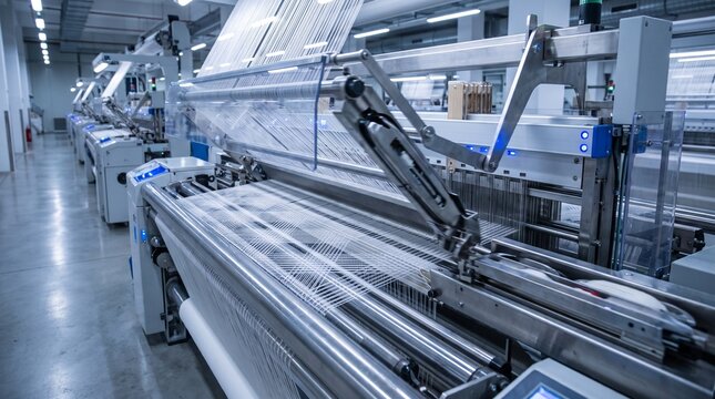 Industrial textile weaving machine operating in a modern fabric factory