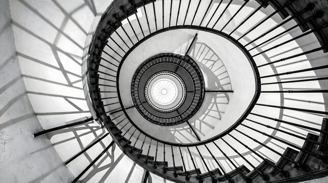 Looking up a dramatic spiral staircase with geometric patterns and railings black and white steps up staircase architecture interior