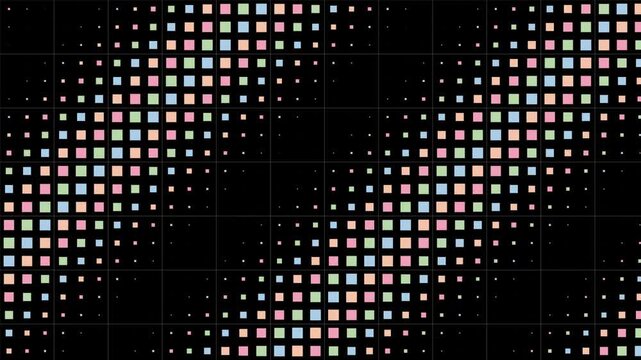 Abstract halftone pattern with colorful square shapes moving in rhythmic waves across the dark digital background creating dynamic visual motion footage for modern creative graphic designs