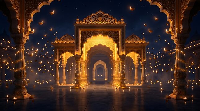 Illuminated islamic architecture with ornate arches and a festive nighttime atmosphere