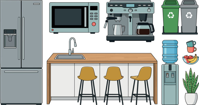 Modern Kitchen and Office Breakroom Appliance Vector Set Featuring Refrigerator Microwave Espresso Coffee Machine Sink and Bar Stool Island Furniture