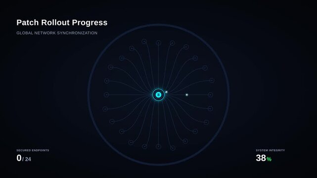 Futuristic digital patch rollout progress global network synchronization interface, for cyber security, system integrity, software update, data processing, technical innovation