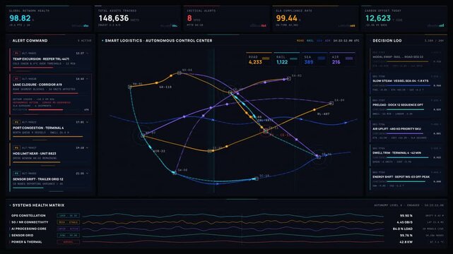 Explore a cinematic dark-mode mission-control dashboard featuring a glowing multi-modal logistics network map with animated asset markers and real-time data visualizations.
