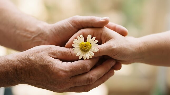 Gentle hands carefully hold a vibrant daisy flower in a loving gesture