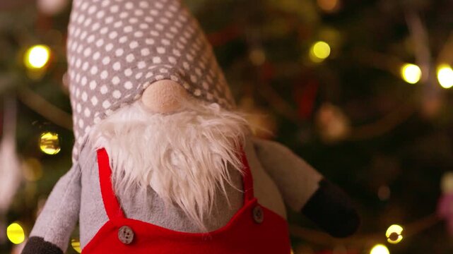 Cute Christmas Gnome Decoration with Sparkling Bokeh Holiday Lights