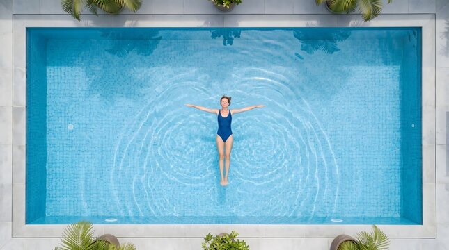 Woman floating in crystal clear blue water of a swimming pool viewed from overhead with summer vacation overhead view relaxation poolside