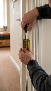 Person repairing door hinge using a screwdriver in a residential home hallway with door repair fixing hinge handyman work home maintenanc