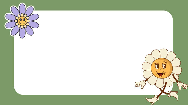 Retro groovy frame with cartoon daisy characters, vintage aesthetic border for text, 70s style floral background for social media