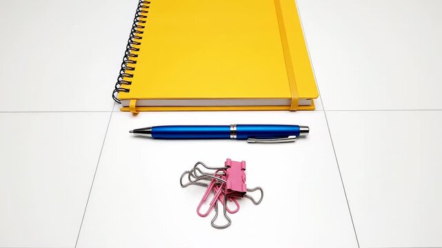 A bright yellow notebook sits open on a desk next to a blue pen. Several pink paper clips are grouped together nearby. The desk has a clean and organized look
