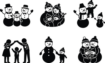 Obraz premium A collection of six black silhouette icons depicting families of snowmen, including parents and children, isolated on a white background, for winter, christmas, and holiday themed projects