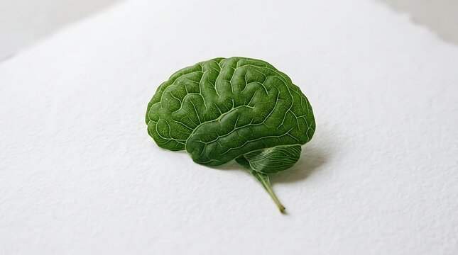 Brain shaped from lush green leaves representing growth and intelligence