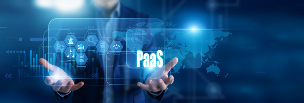 PaaS solutions architect holding in hands deployment tools. Cloud engineer using virtual screen managing application hosting runtimes and managed database clusters. Modern dev.