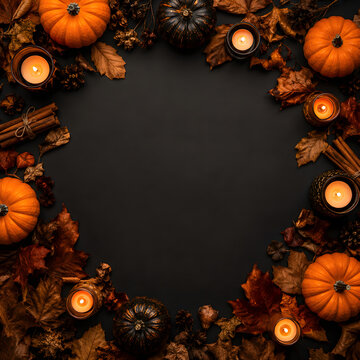 Autumn harvest decoration with pumpkins, leaves, and candles.
