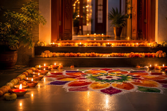 Traditional rangoli pattern with diyas and flowers at home entrance.