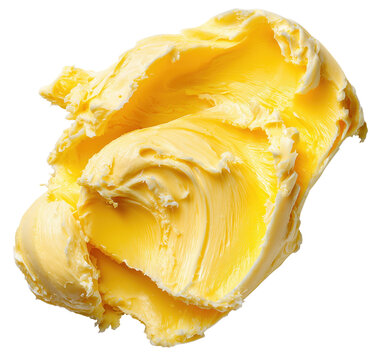 Pat of butter with deep yellow color and oily texture, showing signs of rancidity. butter appears creamy and soft, with rich, smooth surface., isolated