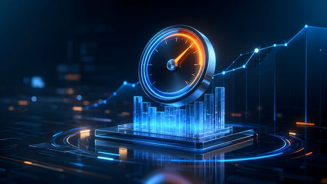Glowing Digital Speedometer Over Bar Charts Representing High Speed Data Analysis and Fast Financial Market Performance
