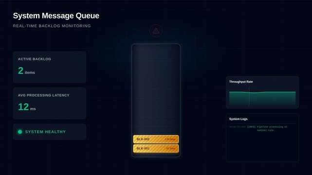 System message queue interface for real-time backlog monitoring critical capacity warning, for server performance analytics, data processing overload, it infrastructure management