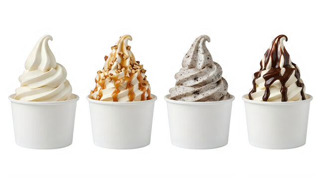 Four different flavors of soft serve ice cream in paper cups isolated on transparent background