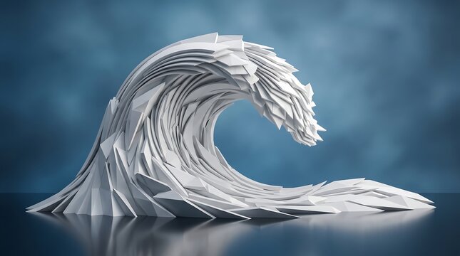 Sculptural low poly wave made of paper, Origami ocean surge white sheet, Crumpled paper sea crest, Geometric liquid form in 3D digital art, Blue abstract background