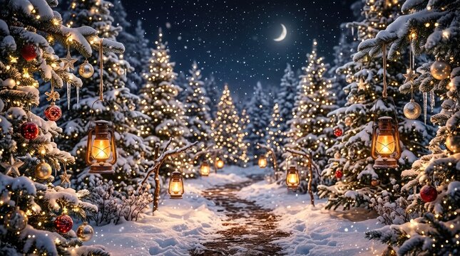 A magical winter forest scene is illuminated by warm lantern light. Snow-covered evergreen trees are decorated with colorful ornaments and twinkling lights.