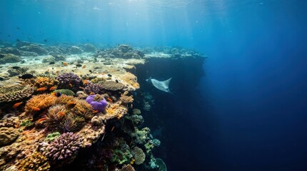 Fototapeta premium Majestic manta ray swimming over a vibrant coral reef in clear blue ocean water