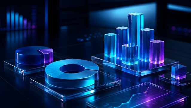 Futuristic 3D Glass Bar Charts and Pie Charts Glowing in Neon Colors Symbolizing Digital Data Analytics and Business Growth
