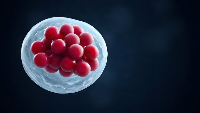 White blood cell with crimson granules, dark background, scientific illustration.