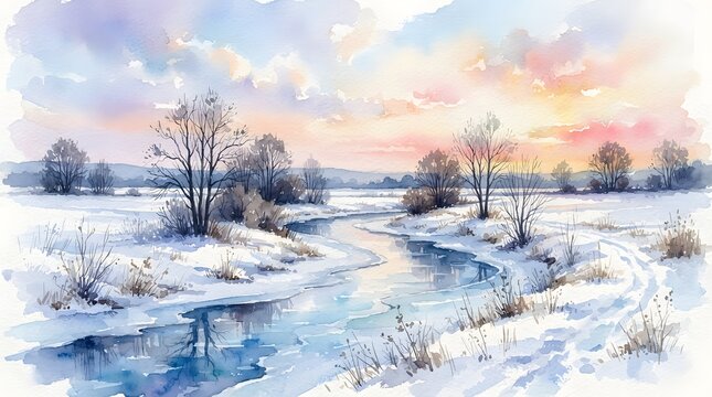 Abstract watercolor landscape with winter trees and a frozen river reflecting the sky