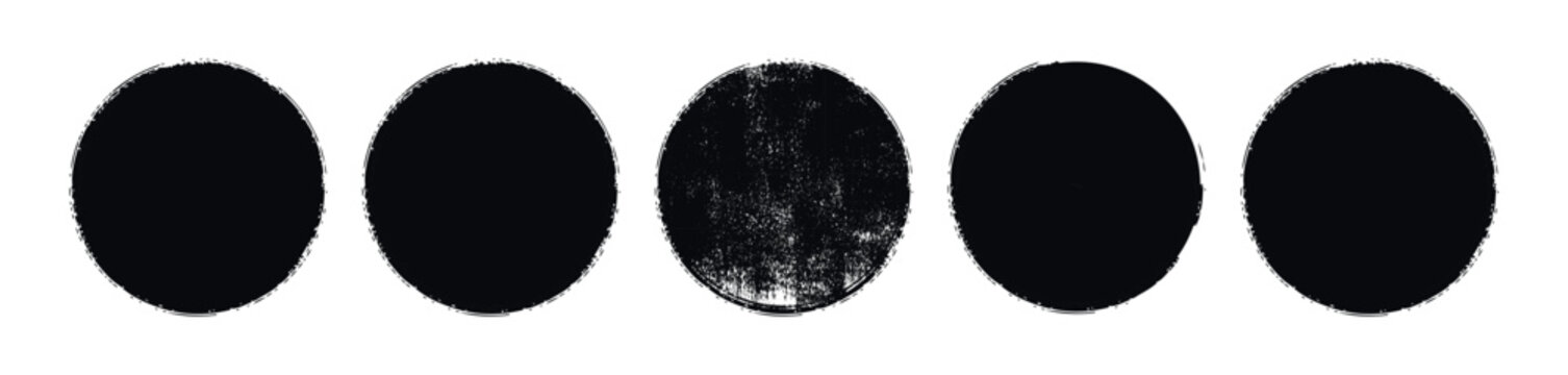 Five textured black circles arranged in a row on a white background