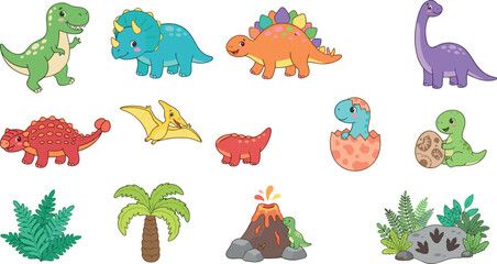 Cute Baby Dinosaur Vector Icon Set with Sweet Cartoon Hatchling Volcanic Landscape Palm Tree and Tropical Plants for Kids Nursery Patterns and Wall Art © Mifta