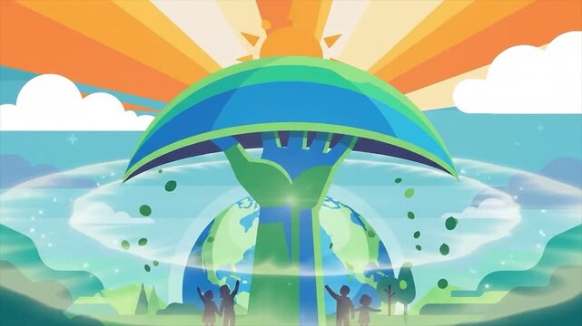 Earth protection and environmental conservation vector. Giant hand holding green shield over globe. Sustainable eco future concept illustration.