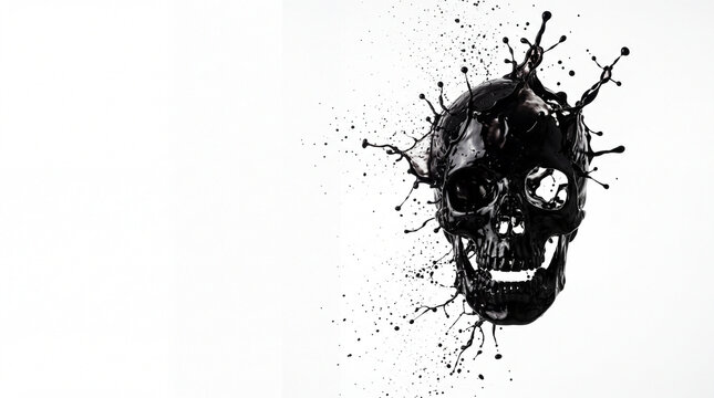 Black Ink Drop Frozen into Skull Silhouette, Halloween Object on Solid White Background with Copy Space