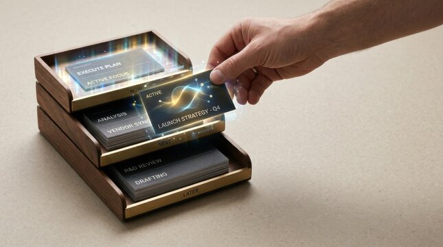 A person placing a business card into a box to represent business prioritization by activating important tasks while queuing others