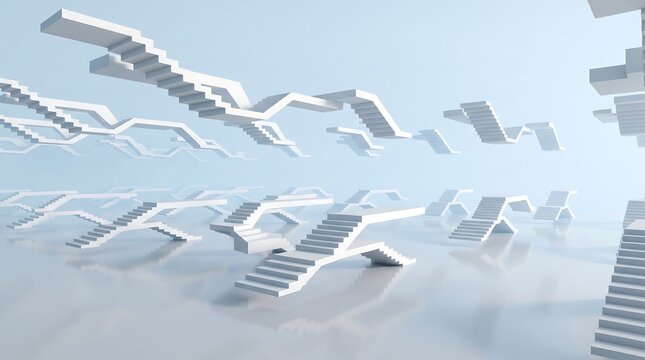 Abstract white floating stairs in ethereal fog. Surreal architectural impossible geometry isolated on pastel blue background. Minimalist 3D render of step patterns. Concept of progress