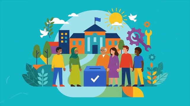 Diverse people voting at ballot box vector. Democracy and election concept illustration. Diverse community participating in voting process.