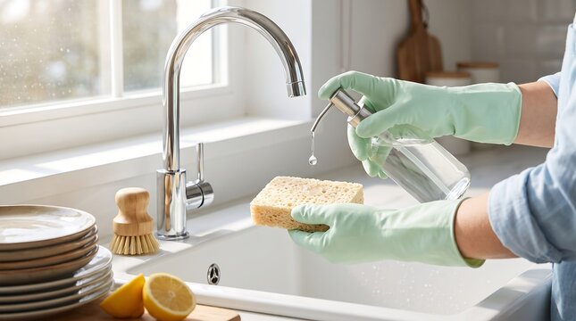 Person wearing green rubber gloves pouring liquid dish soap on yellow sponge in modern kitchen sink for housework scene