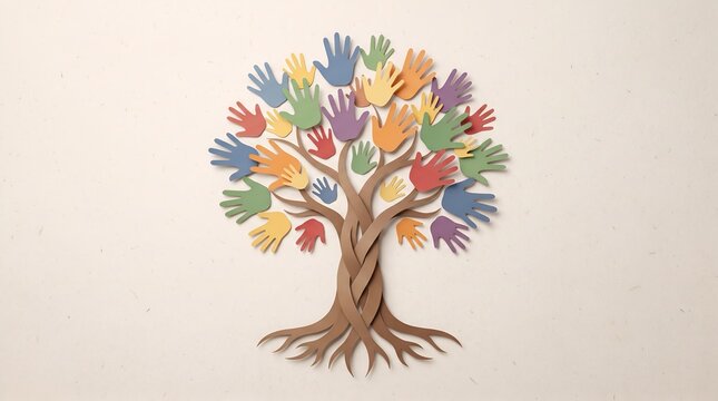 Colorful Handprint Tree Representing Children Community Growth Diversity